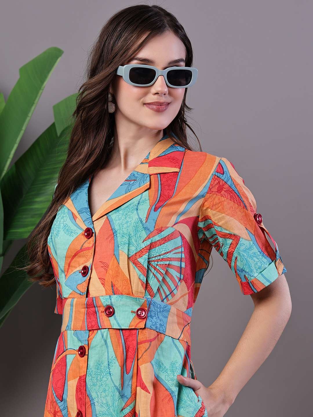 Women's Tropical Print Button-Down Cotton Midi Dress - Image 4